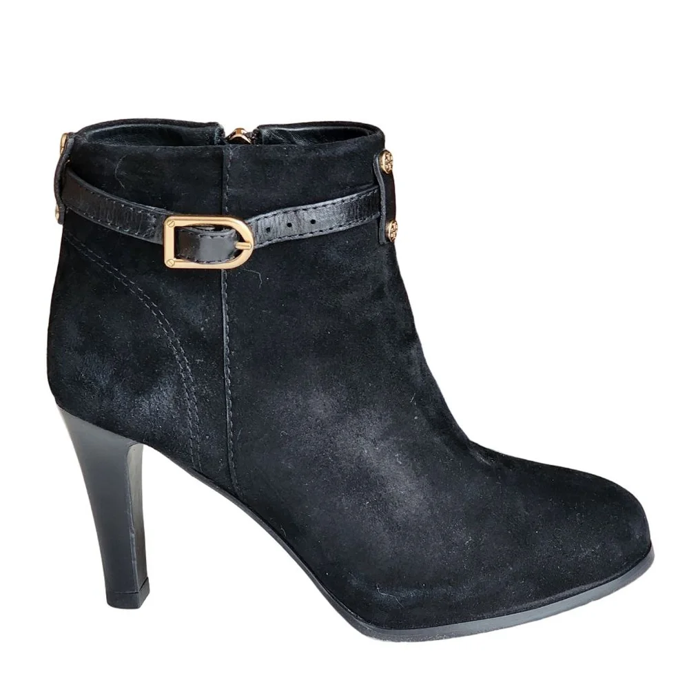TORY BURCH Patricia Black Suede Ankle Boots & Booties Gokd Logo Size 5.5‎